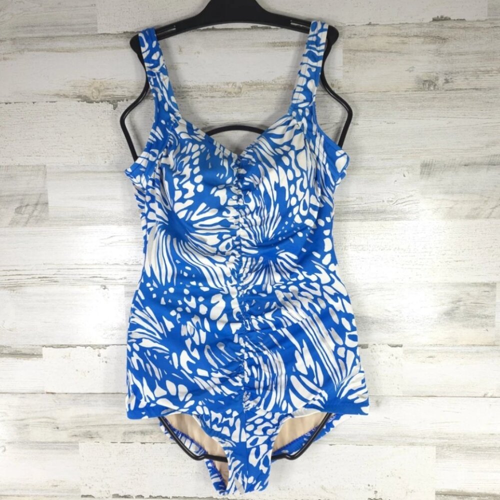 MAXINE OF HOLLYWOOD ONE PIECE SWIMSUIT WOMEN'S SIZE 16 BLUE WHITE RUCHED FRONT..